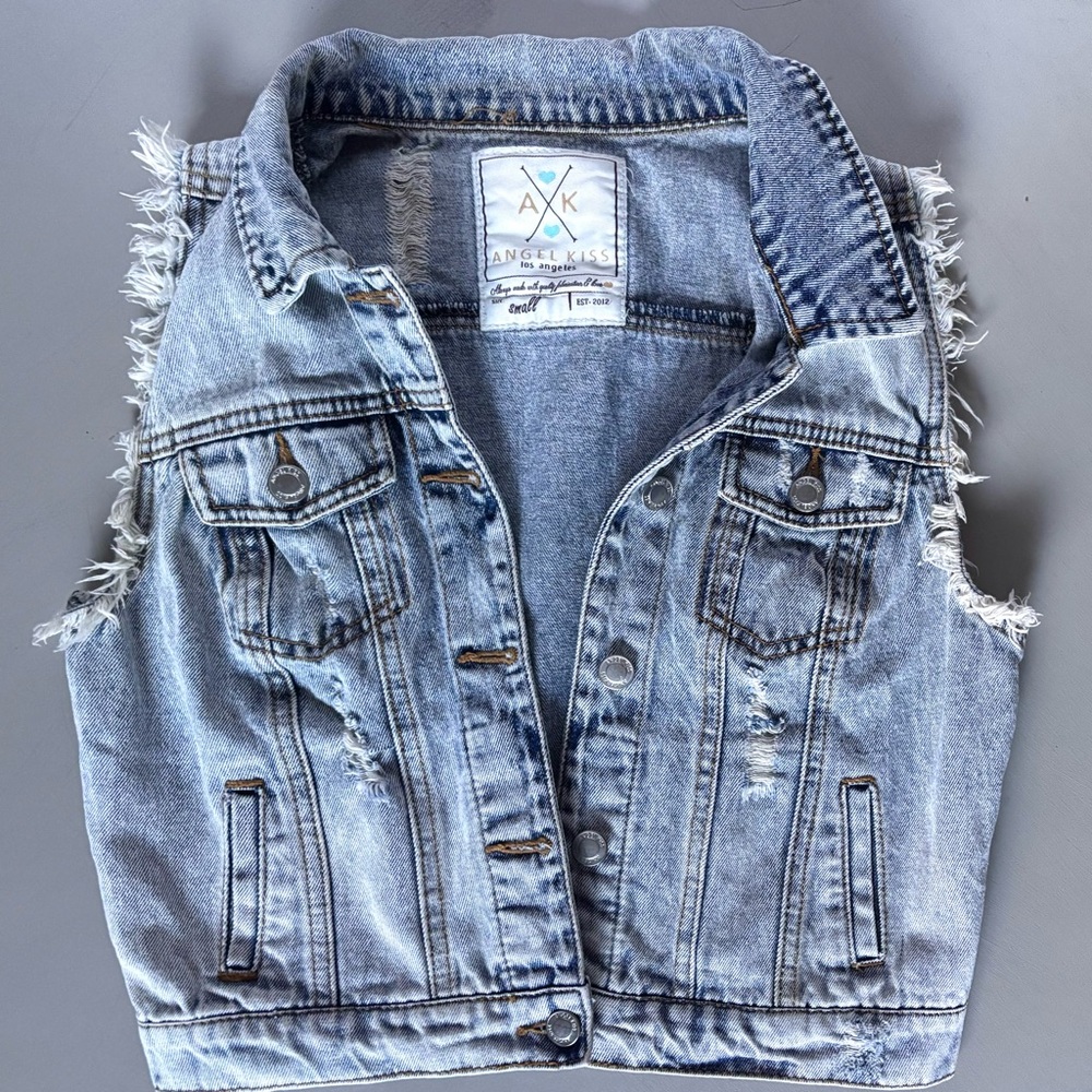 ANGEL KISS Los Angeles Raw Frayed Edge Distressed Denim Vest Sleeveless Jacket